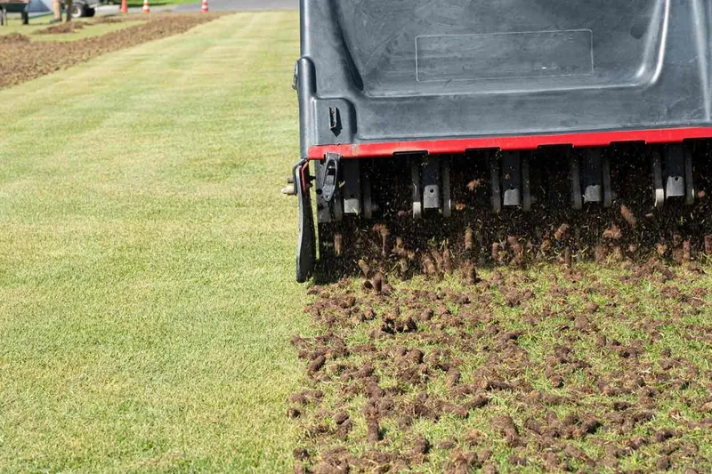 Core aeration service promoting healthier grass root growth on Iowa lawn